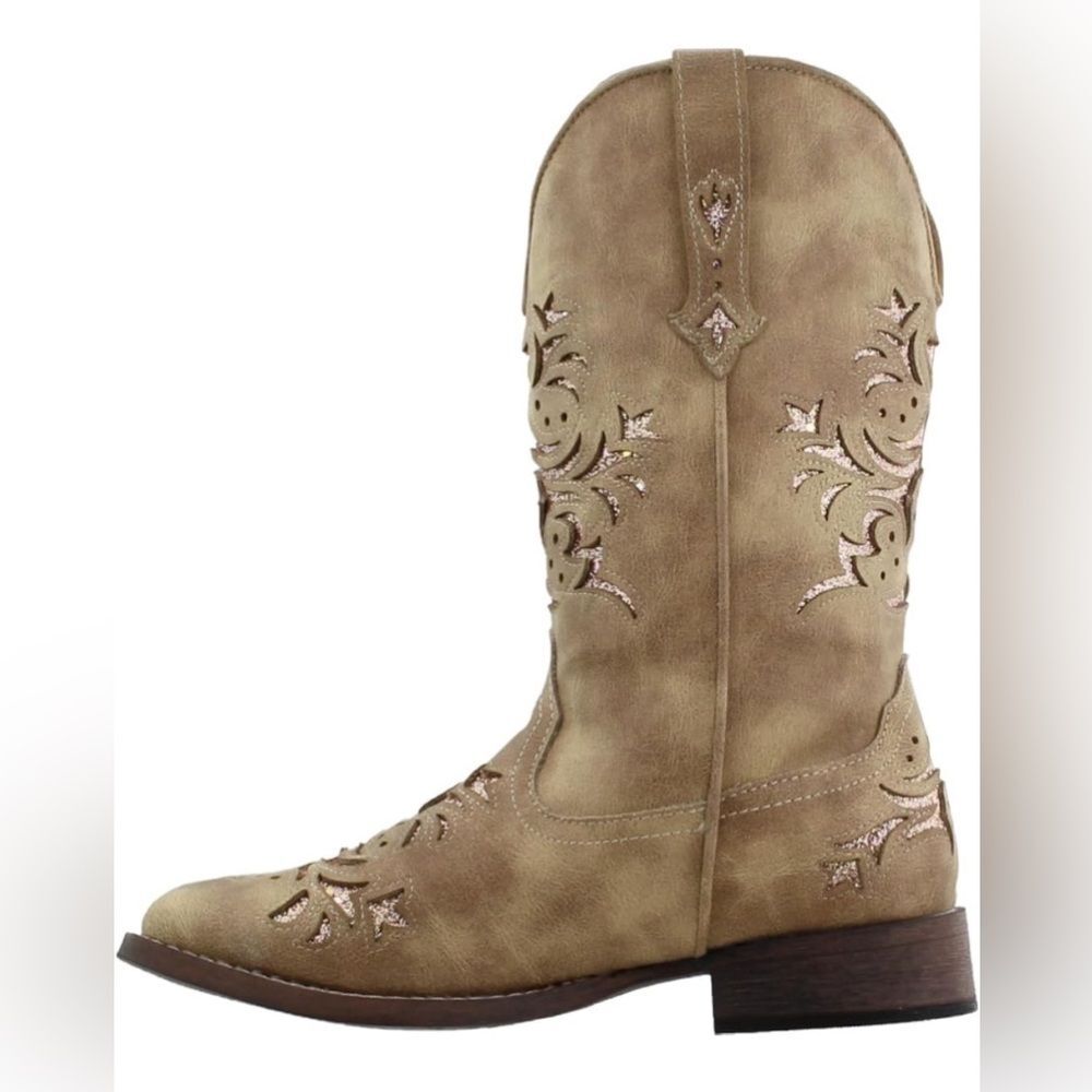 New ROPER Women's Kennedy Mid Calf Boot Tan Faux Leather Glitter Underlay Size 8